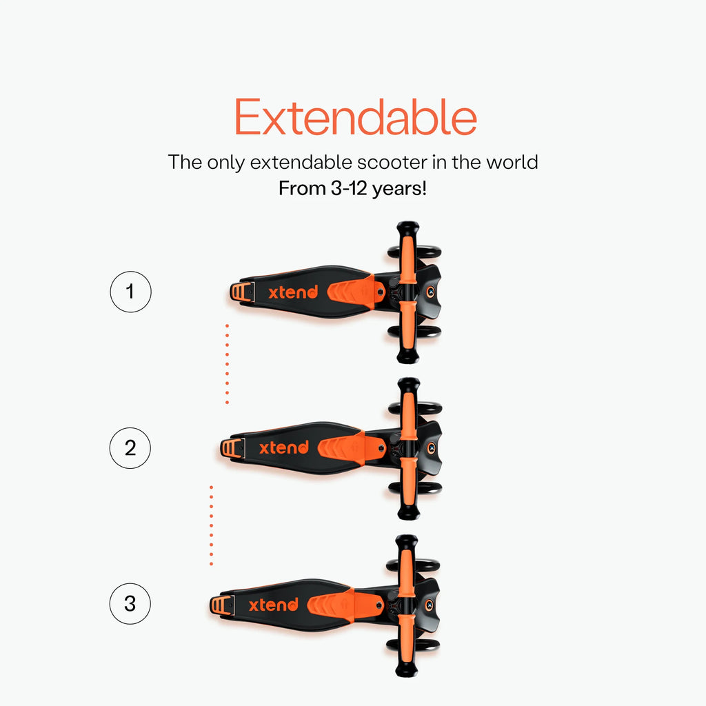 Ilustração das três fases de extensão da base da trotinete Smartrike Xtend (1, 2, 3), demonstrando a adaptabilidade do guiador para idades de 3 a 12 anos.