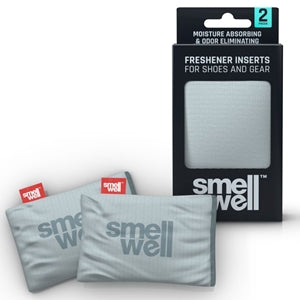 Dois sacos absorventes SmellWell Active cinzentos claros, com embalagem, ideais para manter o calçado seco e sem odores.