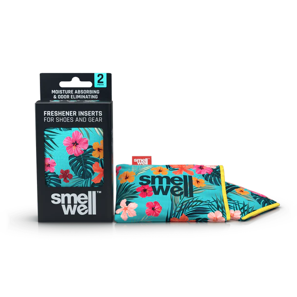 Embalagem e dois sacos absorventes SmellWell Active com padrão floral tropical em tons de azul e rosa, para calçado e equipamento.