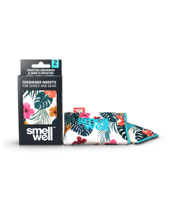 Embalagem e dois sacos SmellWell Active com padrão tropical floral (rosa, verde, laranja) para absorção de humidade e odores.