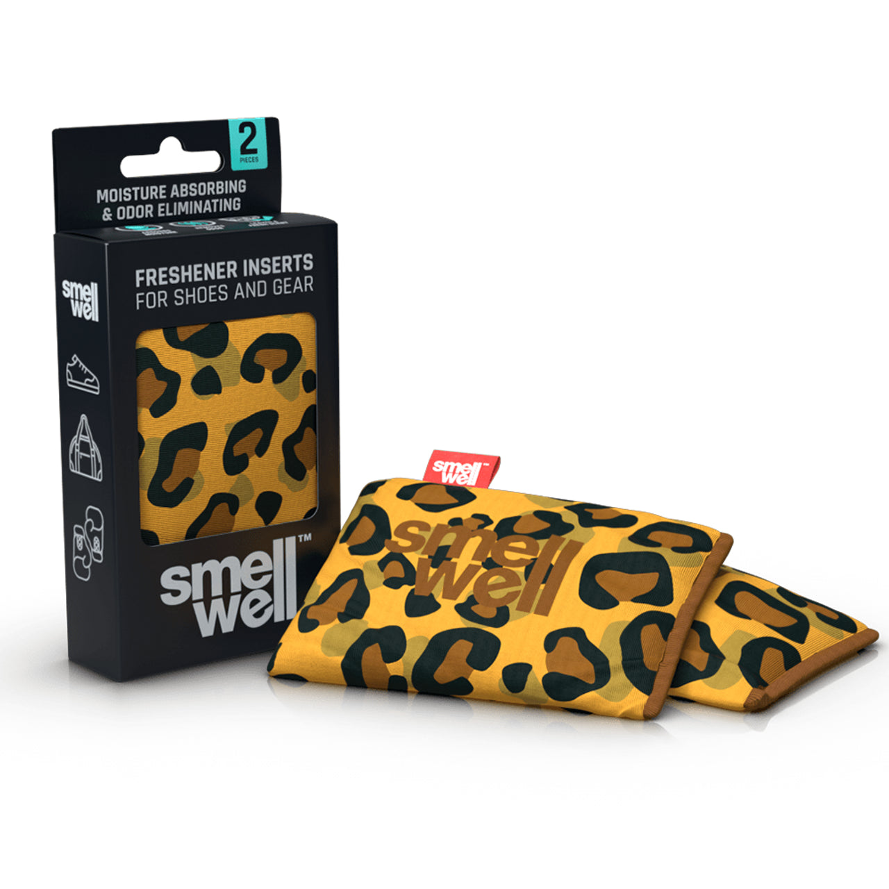 Embalagem e dois sacos absorventes SmellWell Active com padrão de pele de leopardo, para calçado e equipamento.