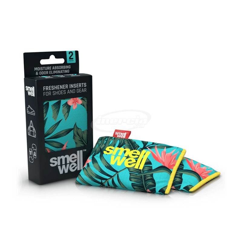 Conjunto de sacos SmellWell Active com padrão tropical vibrante (azul, verde e flores) ao lado da sua caixa preta.
