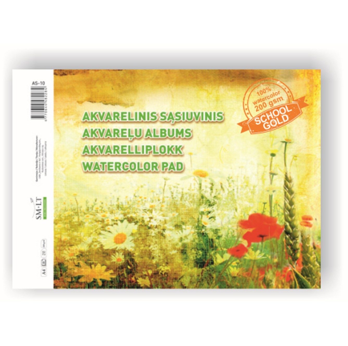 Capa do bloco de desenho SM.LT School Gold para aguarela, com texto em várias línguas e fundo floral amarelo.