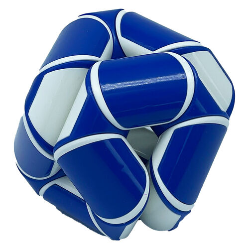 Snake Cube azul e branco, com design único e peças articuladas, mostrando a sua flexibilidade e possibilidades.