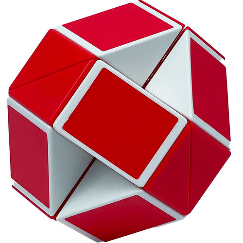 Snake Cube vermelho e branco, mostrando a sua forma e o movimento das peças.