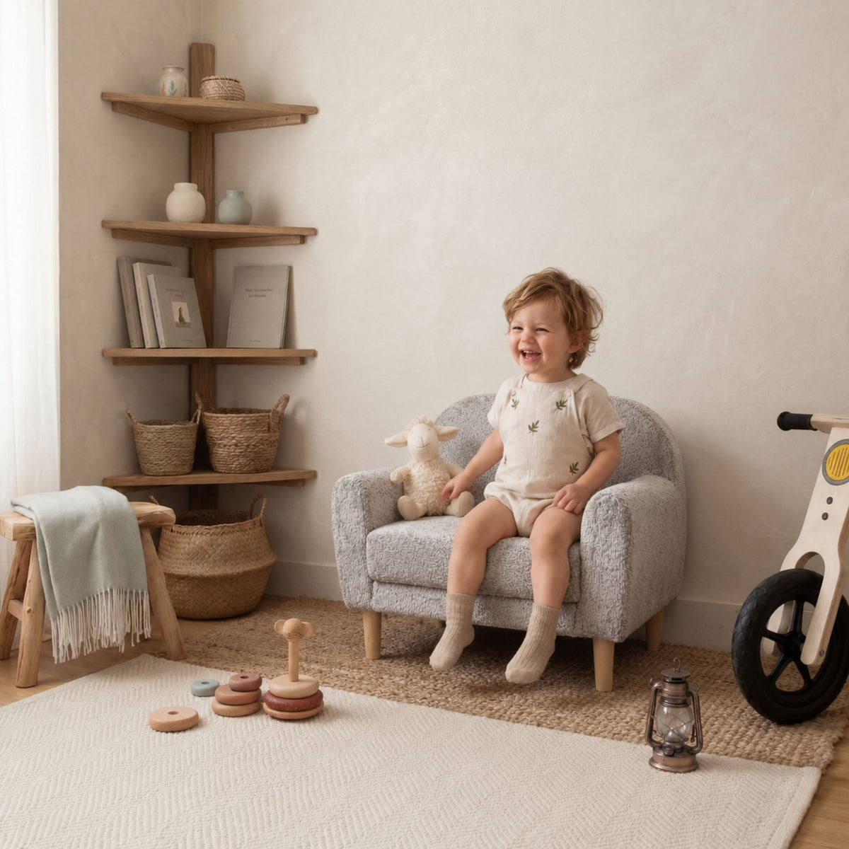 Sofá infantil Micuna Mini com tapizado Borreguito Gris num quarto infantil, com uma criança sentada