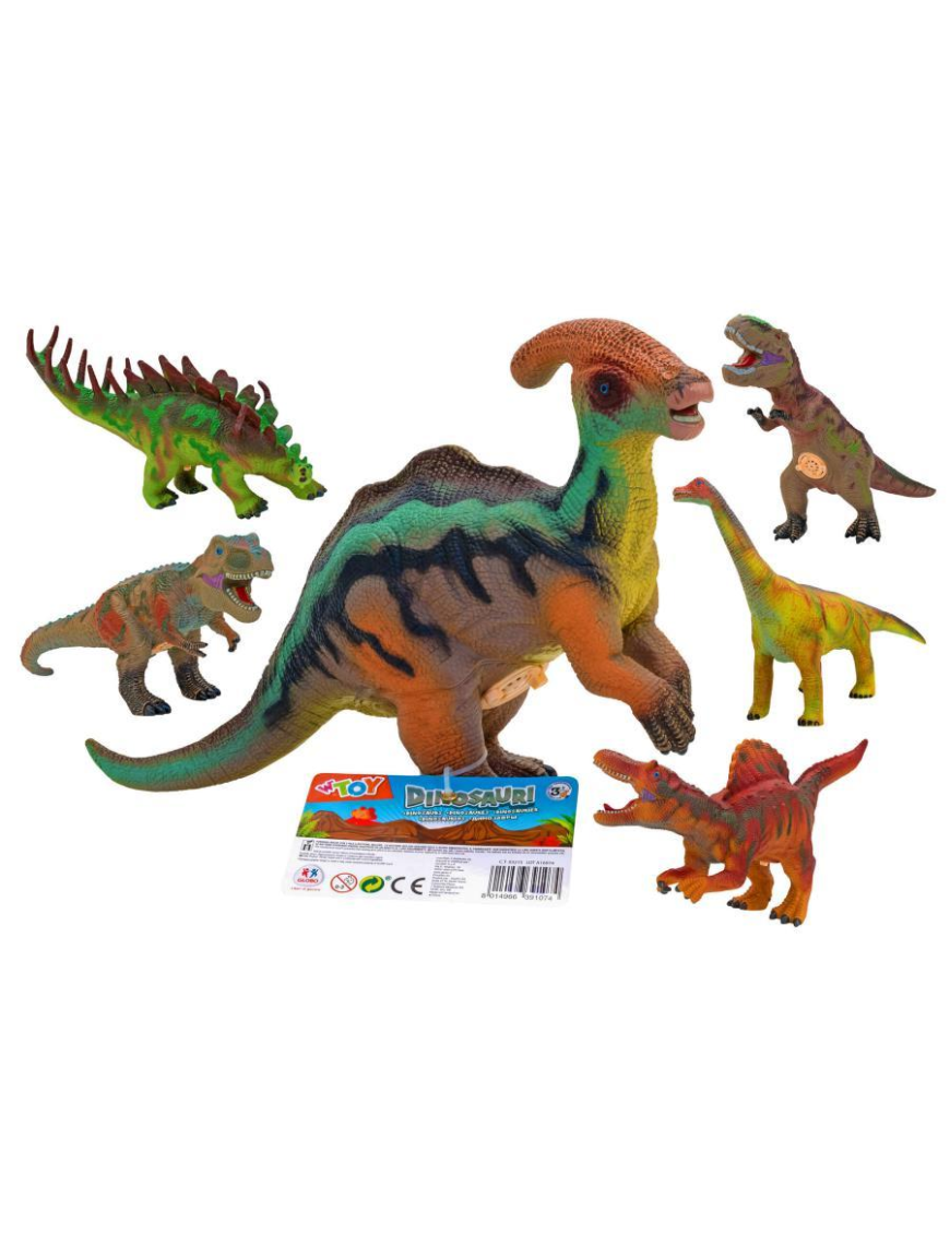 Conjunto de 5 dinossauros WToy sortidos, incluindo Parasaurolophus com som, T-Rex, Stegosaurus, Brachiosaurus e Spinosaurus, dispostos num fundo branco.