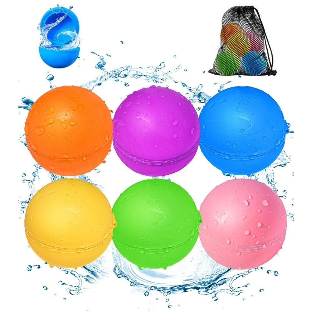Conjunto de 6 balões de água reutilizáveis Soppycid coloridos (laranja, roxo, azul, amarelo, verde, rosa) molhados, com bolsa de rede e um balão a encher-se.