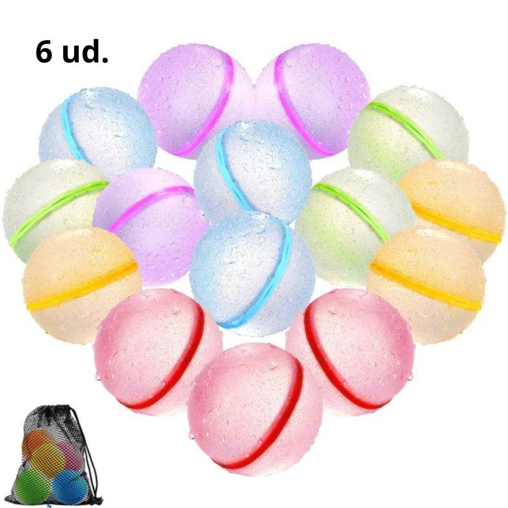 Imagem promocional mostrando 12 balões de água reutilizáveis Soppycid em tons pastel e brilhantes, com a indicação "6 ud." (6 unidades) e uma pequena rede de transporte.