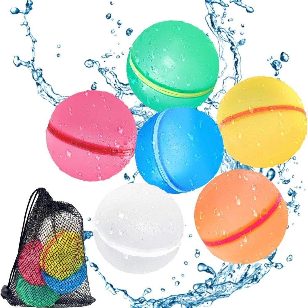 Conjunto de 6 balões de água reutilizáveis Soppycid em cores vibrantes (verde, rosa, amarelo, azul, laranja, branco) com rede de transporte, rodeados por salpicos de água.