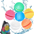 Conjunto de 6 balões de água reutilizáveis Soppycid em cores vibrantes (verde, rosa, amarelo, azul, laranja, branco) com rede de transporte, rodeados por salpicos de água.