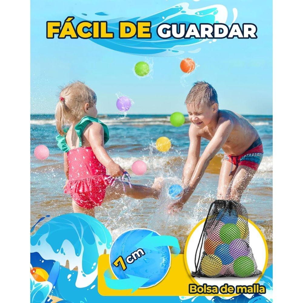 Crianças a brincar na praia com balões de água Soppycid. Destaque para a facilidade de guardar na bolsa de malha e a dimensão de 7cm do balão. Texto: "FÁCIL DE GUARDAR".