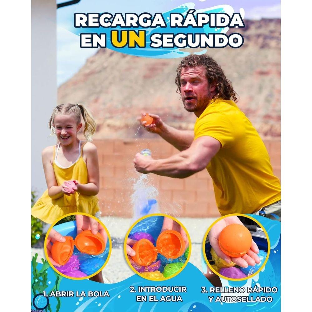 Demonstração em três passos de como encher rapidamente os balões de água Soppycid: Abrir a bola, introduzir na água e enchimento rápido e auto selado em um segundo. Texto: "RECARGA RÁPIDA EM UM SEGUNDO".
