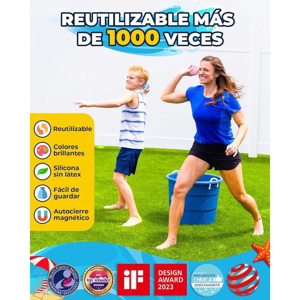 Família a divertir-se a atirar balões de água. Destaque para as características: Reutilizável mais de 1000 vezes, cores brilhantes, silicone sem látex e autocierre magnético. Vários prémios de design.