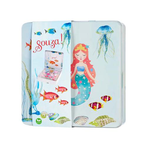 Caixa fechada do Conjunto de Maquilhagem Souza Sereia, com design de sereia e criaturas marinhas.