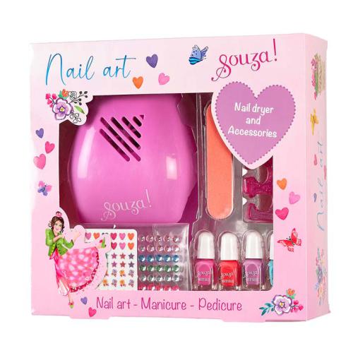 Caixa do Souza Kit de unhas com secador para crianças, mostrando conteúdo e tema de manicure.