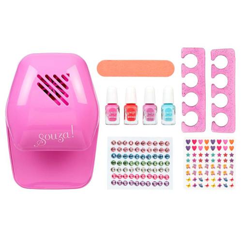 Conteúdo do Souza Kit de unhas com secador espalhado, mostrando secador, vernizes, lima, separadores e decorações.