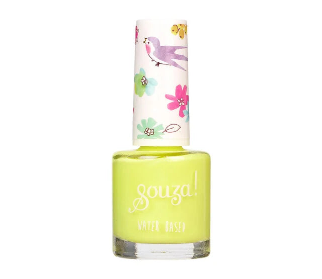 Frasco individual de Souza Verniz à base de água na cor verde lima brilhante, com tampa decorada com padrão floral e pássaros, e a inscrição "Souza! Water Based".