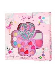 Embalagem rosa do Souza Set Maquilhagem Beauty, em formato de coração, com asas de fada e brilhos, exibindo paletas de maquilhagem infantil.