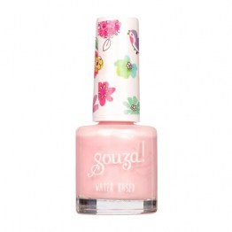 Close-up da embalagem de um verniz Souza com glitter prateado, destacando a fórmula à base de água e o selo dermatologicamente testado.