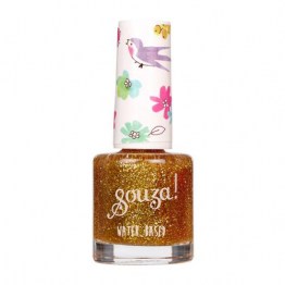 Verniz de unhas Souza à base de água cor dourada com glitter, embalagem com tampa decorada com motivos de pássaros e flores.