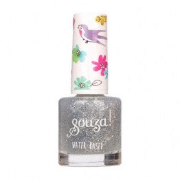 Verniz de unhas Souza à base de água cor prateada com glitter, frasco com tampa ilustrada com um pássaro e flores coloridas.
