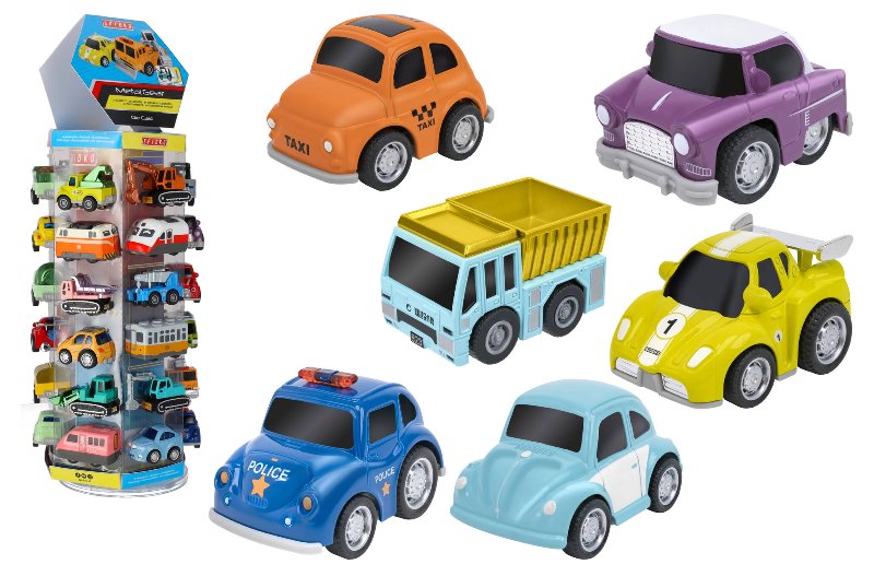 Coleção de carrinhos Spidko sortidos em plástico, incluindo táxi, polícia, camião basculante e desportivo, junto a um expositor rotativo cheio de miniaturas.