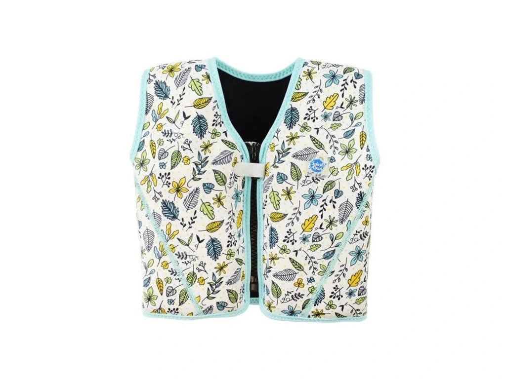 Colete de natação Splash About Float Jacket com padrão de folhas "Fallen Leaves", aberto, em fundo branco.