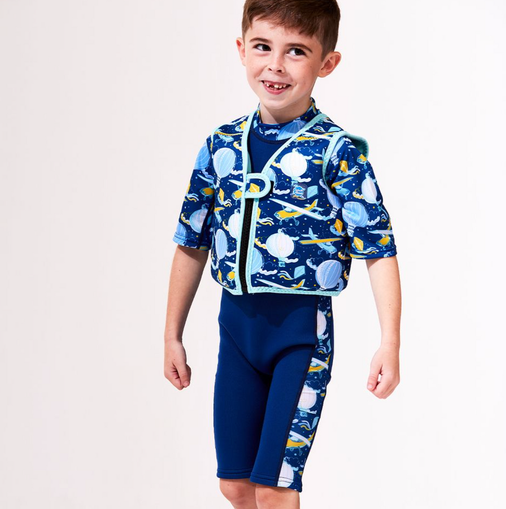 [Vista posterior do colete de natação Go Splash da Splash About com design de pássaros e flores de jardim.]