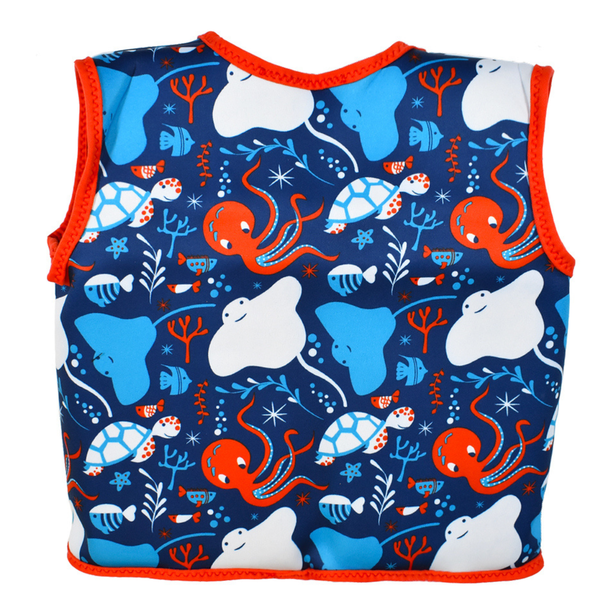 Costas do colete natação Splash About Float Jacket infantil com padrão de polvo e tartaruga.