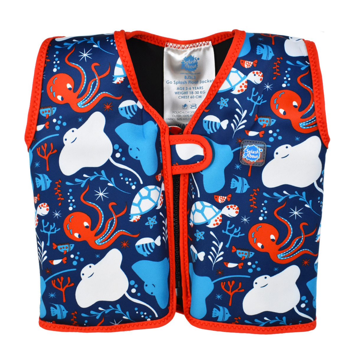 Frente do colete natação Splash About Float Jacket para criança com padrão marinho divertido.