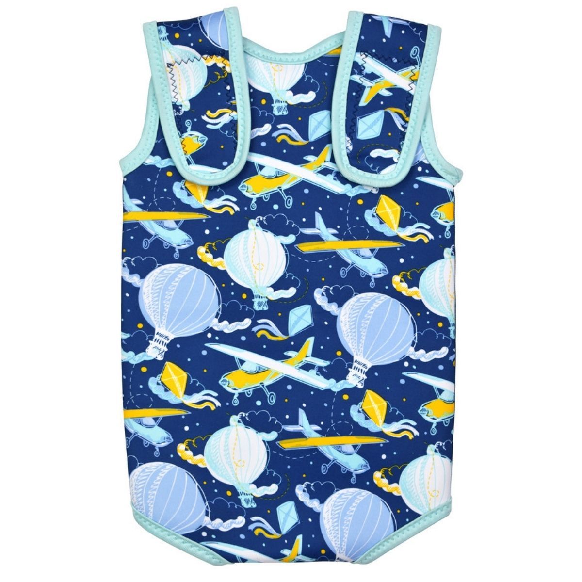 Fato de praia/piscina térmico Splash About Baby Wrap™ aberto, mostrando o forro de neoprene macio e as tiras de velcro ajustáveis para vestir facilmente.