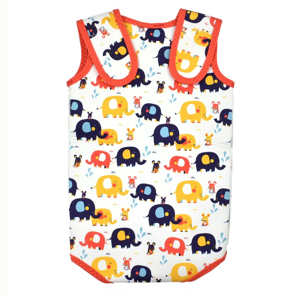 Vista traseira do fato de praia térmico Baby Wrap™ com padrão de elefantes, mostrando o design sem costuras nas costas.