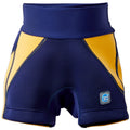Calções de natação Splash About Jammers para criança em azul marinho e amarelo, vista frontal.