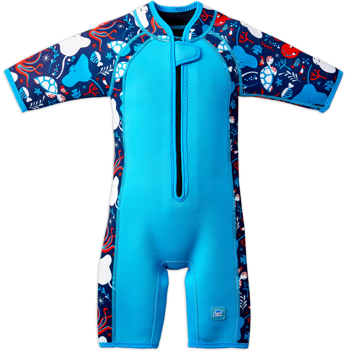 Fato de praia/piscina térmico Shorty infantil Splash About 'Under the Sea' azul, visto de frente, com fecho frontal e estampados marinhos nos braços e laterais.