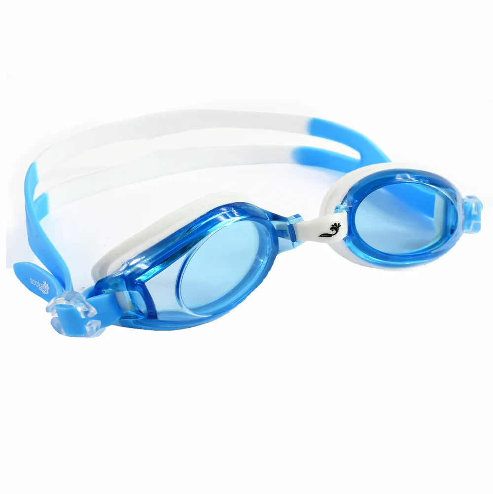 Óculos de natação infantis Splash About Soaked Junior Piranha em azul e verde, com lentes claras e ajuste fácil, ideais para 6-14 anos.