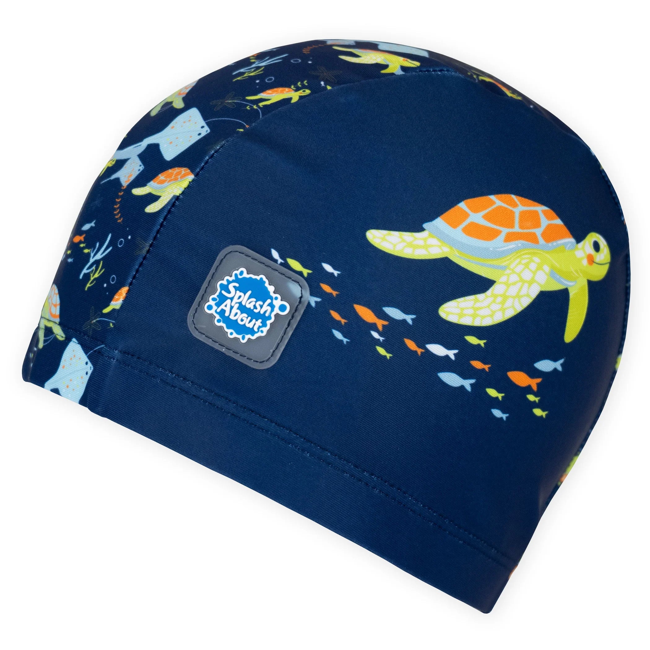 Touca de natação Splash About Turtle Tide para bebé em tons de azul com padrão de tartarugas.