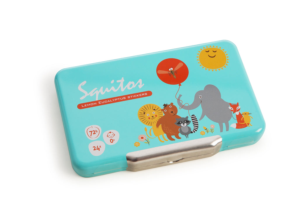 Embalagem de Squitos Autocolantes Repelentes de Mosquitos 100% Natural, com 24 unidades e desenhos de animais, mostrando a proteção natural para crianças.