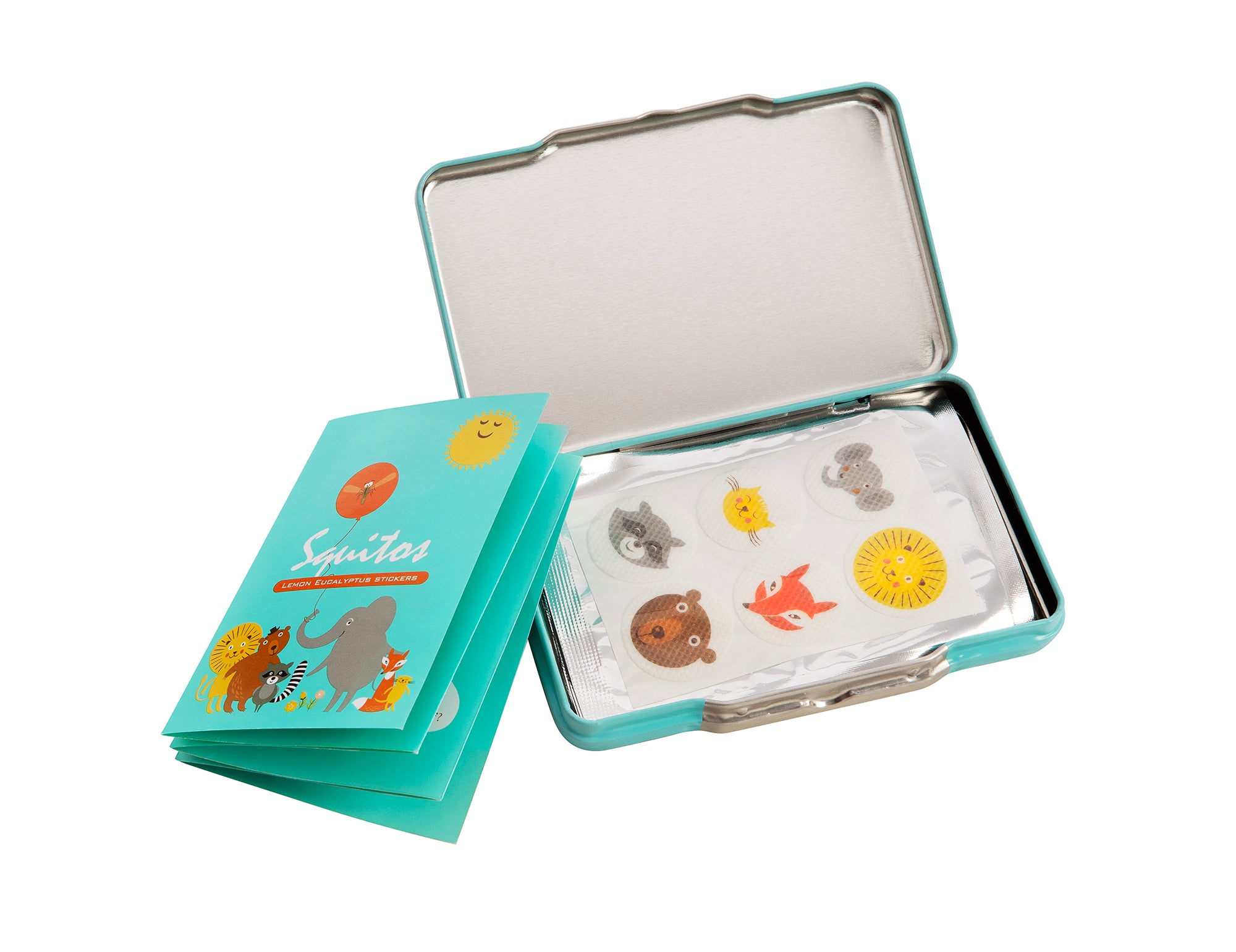 Lata aberta dos Squitos com o folheto de animais ao lado, exibindo autocolantes redondos com desenhos de animais em embalagens transparentes.