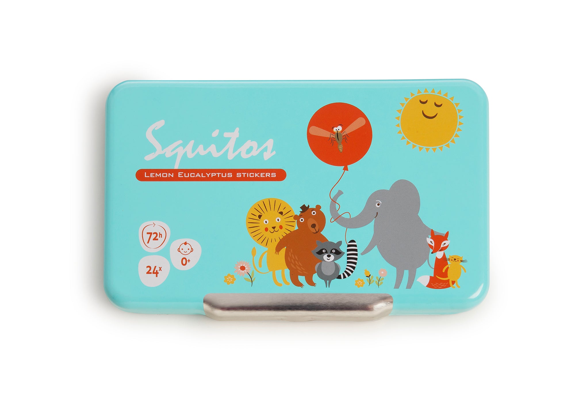 Pack de 4 embalagens de Squitos Autocolantes Repelentes de Mosquitos 100% Natural, com desenhos de animais coloridos.