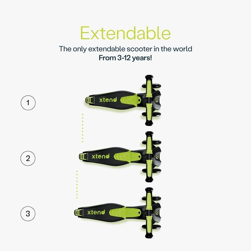 Pormenor da trotinete Smartrike XTEND Scooter Verde Lima e da base extensível