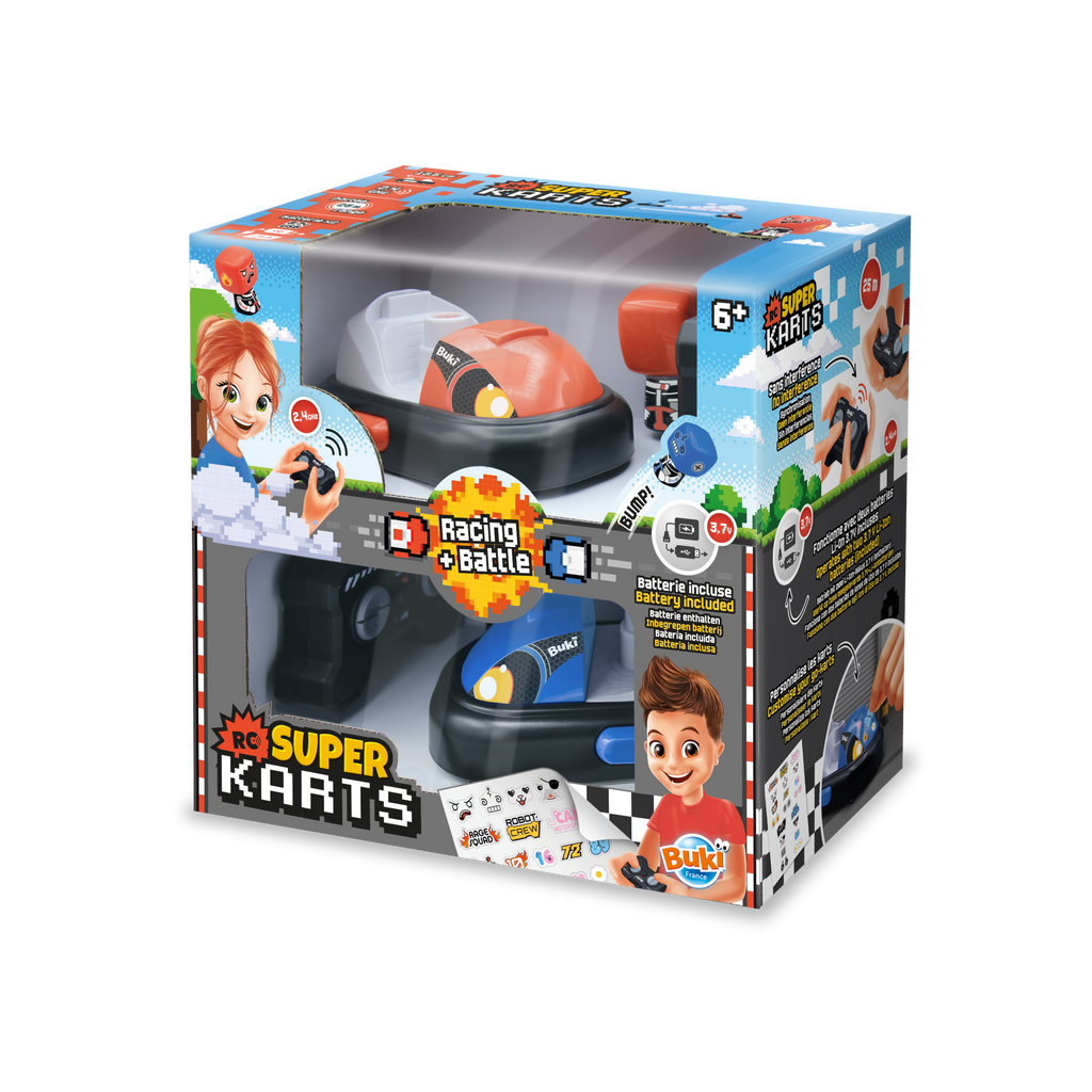 Caixa do conjunto Buki Super Karts com dois carrinhos de combate e comandos, destacando os modos de jogo e a idade recomendada 6+.