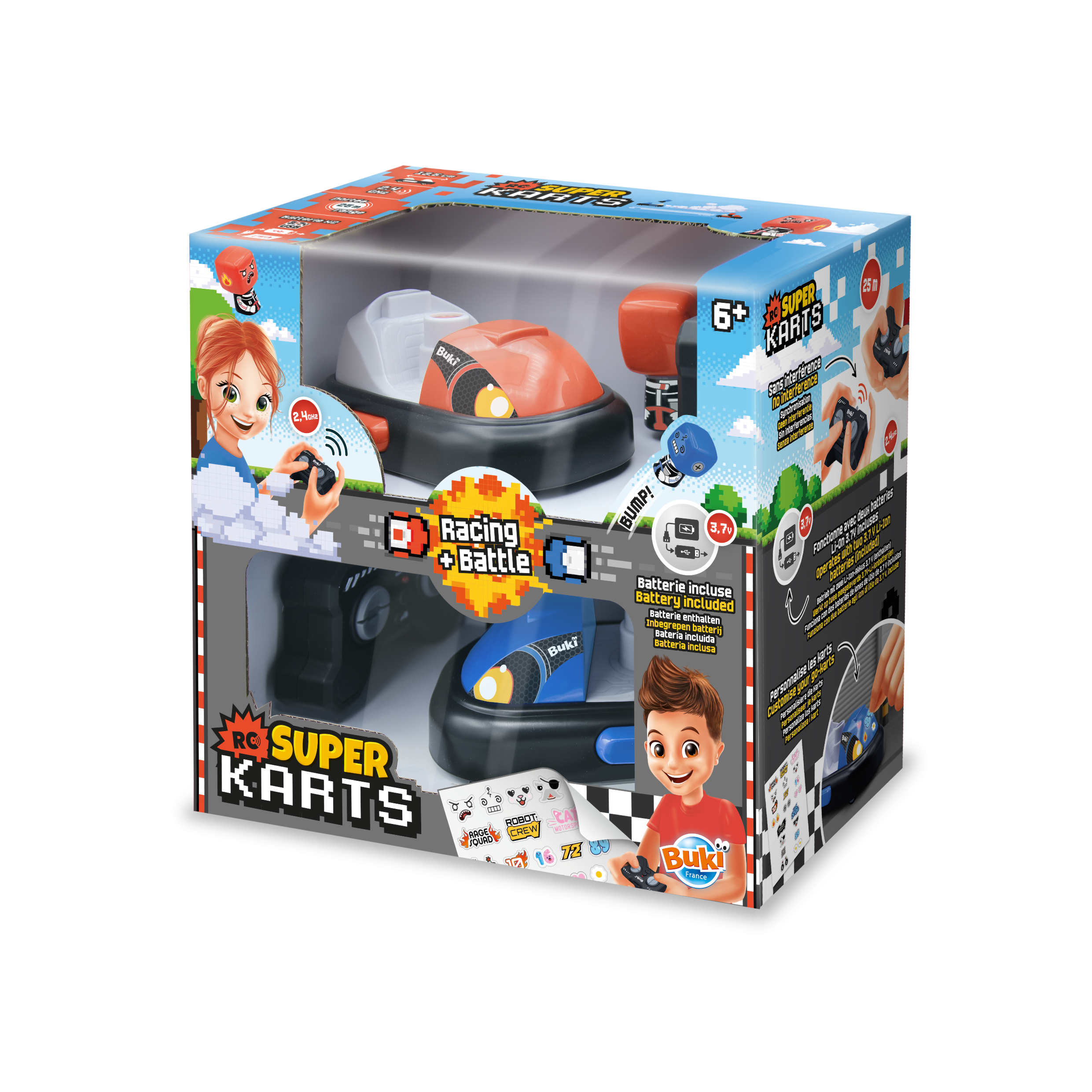 Caixa do conjunto Buki Super Karts com dois carrinhos de combate e comandos, destacando os modos de jogo e a idade recomendada 6+.
