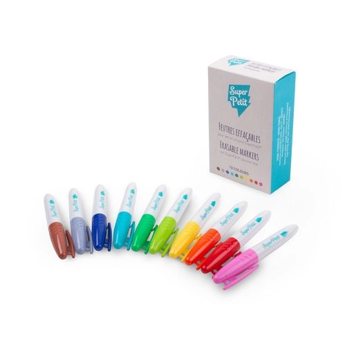 Conjunto de 10 marcadores apagáveis SuperPetit em várias cores, dispostos em arco com a caixa de cartão azul ao fundo.