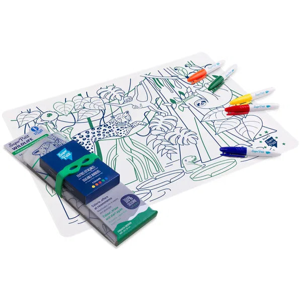 Kit de colorir em silicone SuperPetit com desenho de vida selvagem (leopardo), tapete antiderrapante e conjunto de 5 marcadores apagáveis.