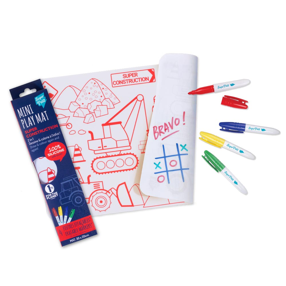 Mini conjunto de pintar Super Petit com tapete de silicone 'Super Construction', 4 marcadores laváveis e embalagem. Desenho de obras e jogo do galo.