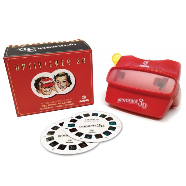 Svoora Optiviewer 3D vermelho, com dois rolos de imagens, numa caixa. Um brinquedo clássico com visual vintage para diversão 3D.