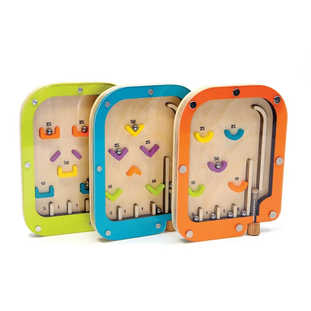Três jogos de pinball Svoora Pinball Frenzy em cores diferentes (verde lima, azul turquesa e laranja) apresentados juntos, mostrando o seu design compacto e colorido.
