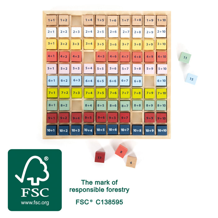 Imagem da tabela de adição com o selo FSC, certificando a madeira utilizada.