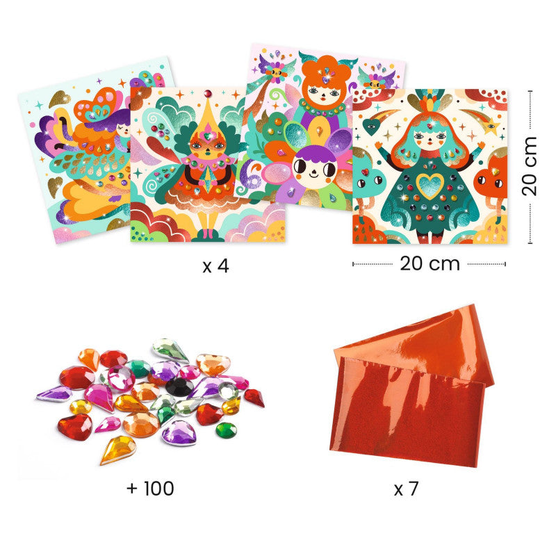 Conteúdo completo do kit Djeco Harmonia, mostrando os 4 quadros ilustrados (20x20cm), mais de 100 strass e 7 folhas metálicas.